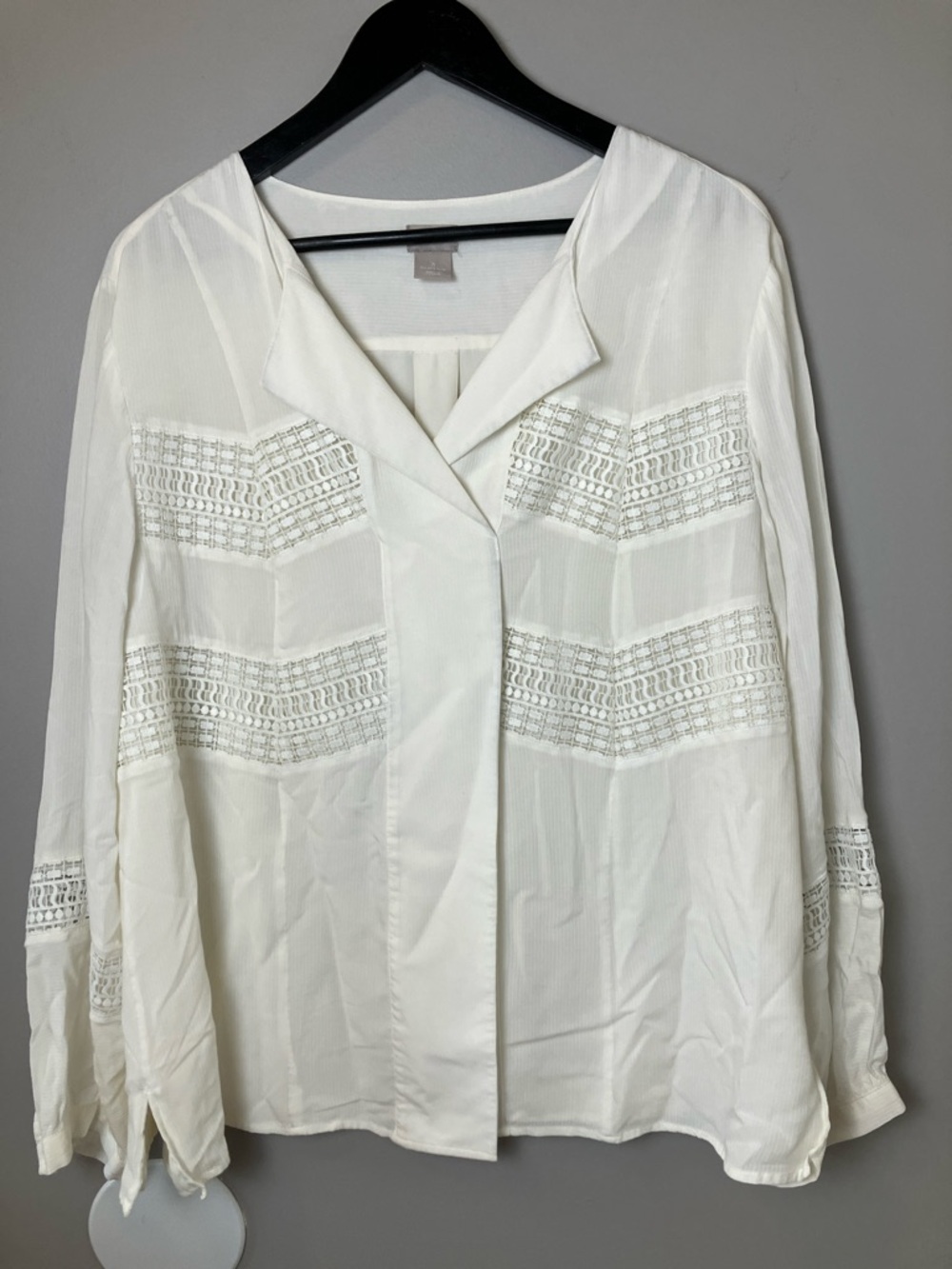 Chico's Size 3 Ivory Lace Trim Blouse Women's XL 16/18 Boho Romantic Long Sleeve - Picture 2 of 9